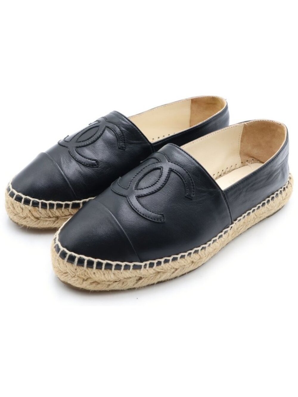 Chanel CC Logo Espadrilles Flat Shoes Slip on Lambskin Leather Black